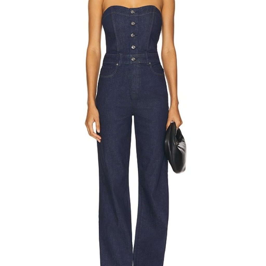 Like New Paige Sansa Jumpsuit In Calix Strapless Denim Blue Jean One Piece